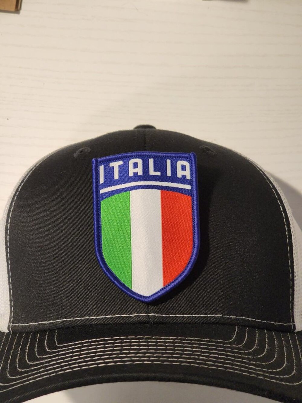 ITALIA Patched Black White Mesh Low Profile Snapback Trucker Hat